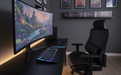 minimal black gaming room setup